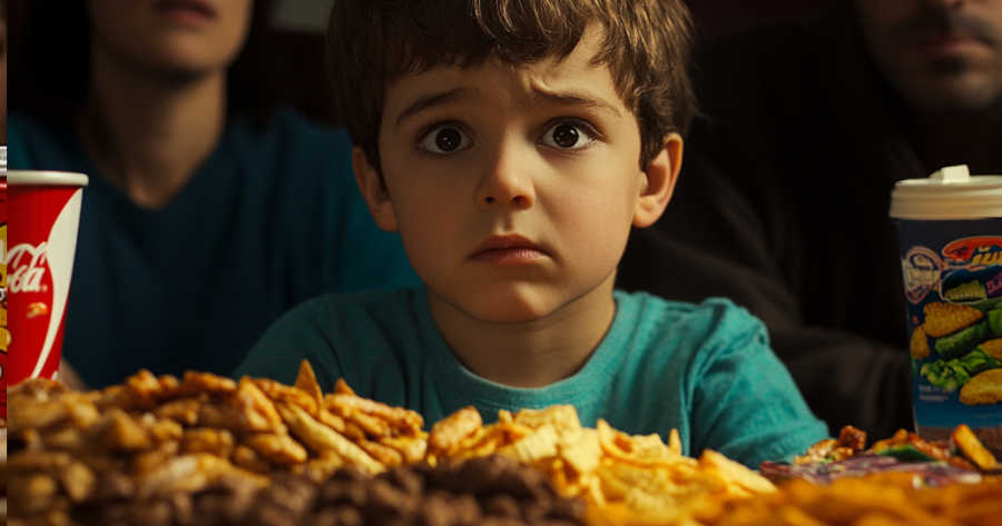 Menino à mesa com refrigerantes e frituras